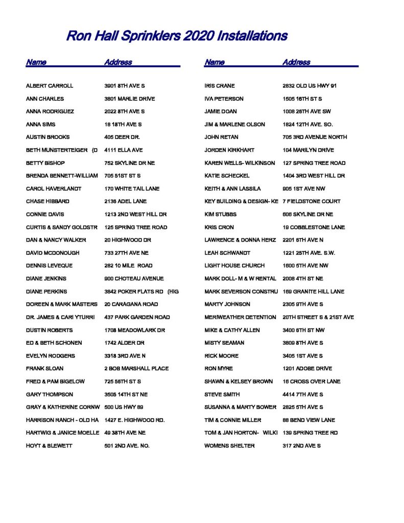 Ron Hall Sprinklers New Installation References Great Falls MT